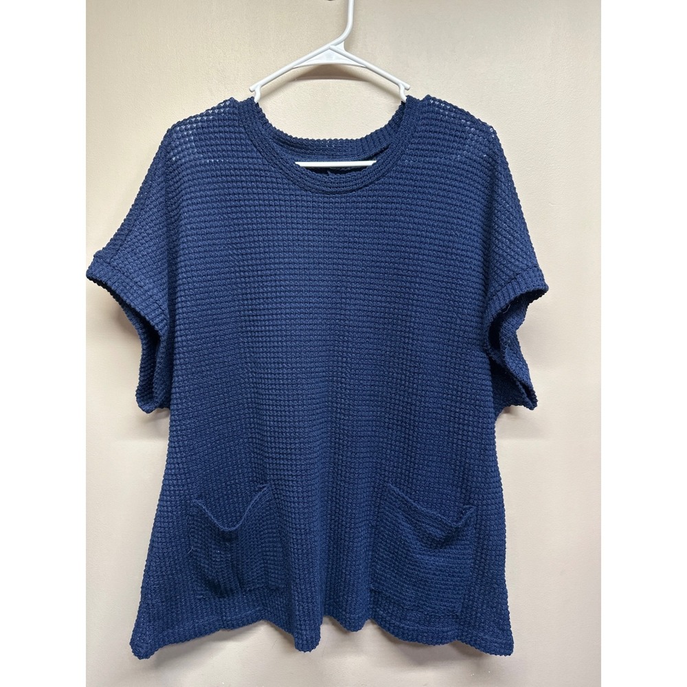 EMERY ROSE‎ Navy Blue Waffle Knit Oversized Short Sleeve Top With Pockets 0XL